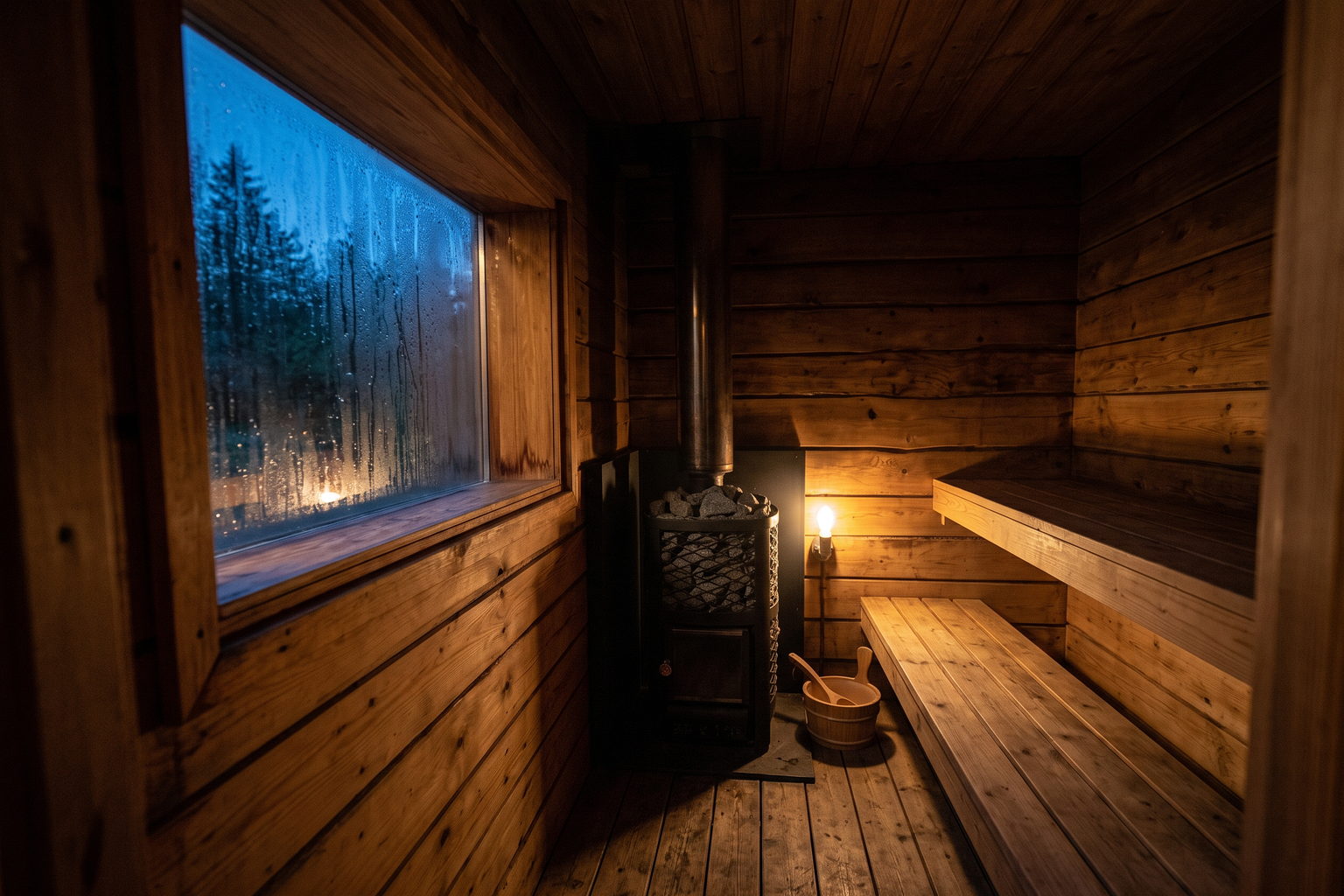 Privat sauna til leje i Aarhus — dæmpet saunarum i lyst fyrretræ med brændeovn, to bænkerækker og dugget vindue