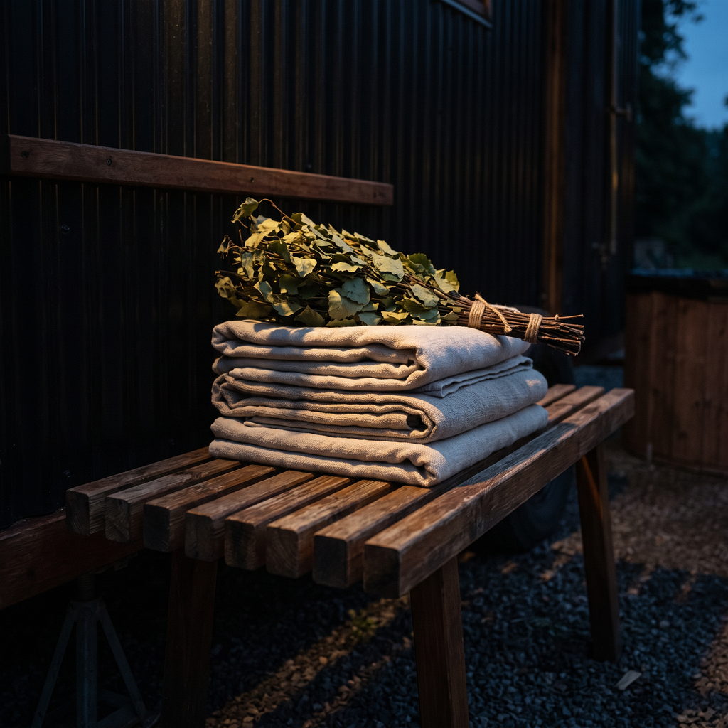 Foldede hørhåndklæder og en birkegren gjort klar til saunagus hos Den Permanente Sauna i Risskov